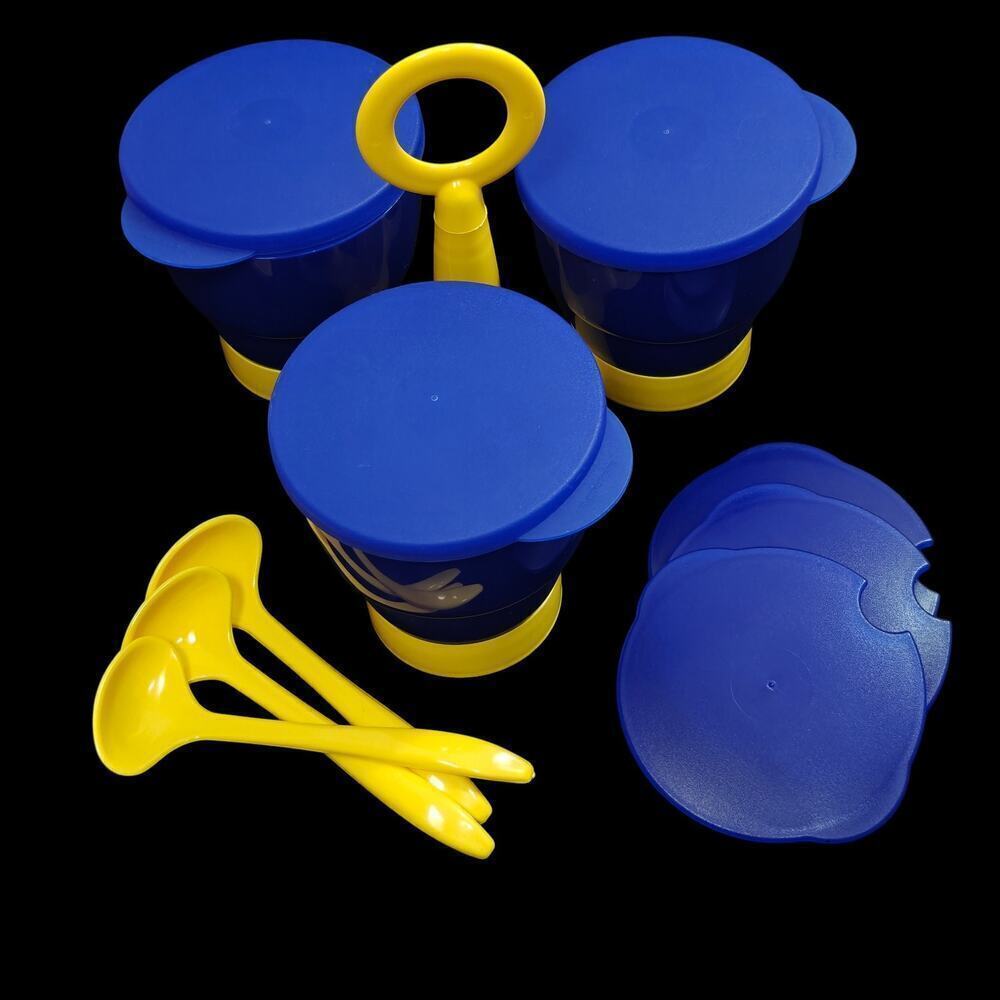 Vintage Tupperware Condiment Caddy Set Cups Spoons Lids Complete Yellow Blue NEW